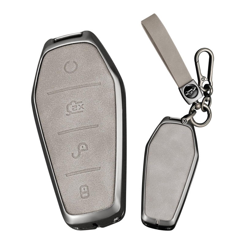 Ysbxitu Key Fob Cover with Keychain 4 Buttons Fit for BYD Han EV Tang Dmi Qin Plus Song Yuan ATTO 3 Dolphin Zinc Alloy Remote Keyless Key Case Key Sleeve Key Fob Case Protection ShellA Gray